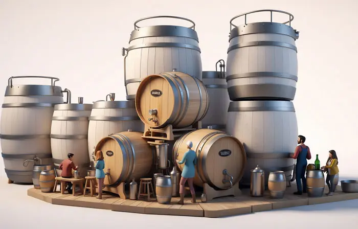Around the Wine World People Drink Wine from Barrel Unique 3D Design Illustration